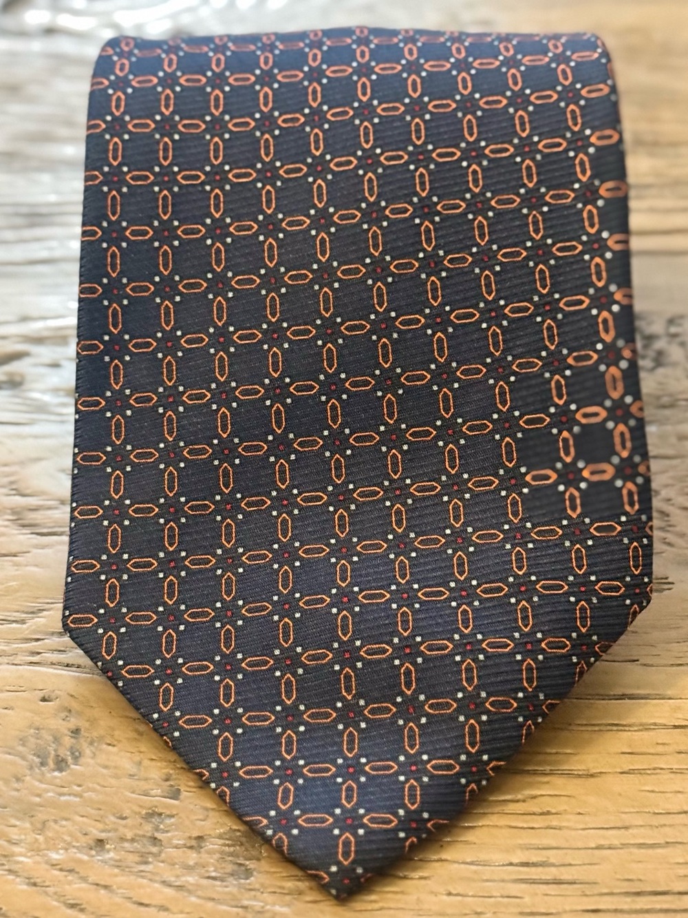 Brooks Brothers Navy Silk Tie with Orange Geometric Pattern